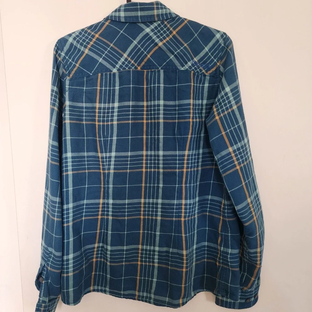 Marmot Womens Teal Blue Plaid Flannel Button Down Shirt Corduroy Trim Small Hike